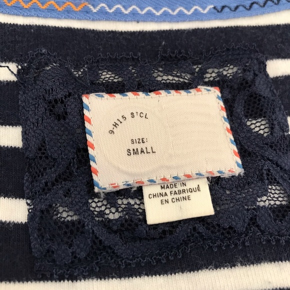 Postmark Anthropologie Navy Blue Stripes Sleeveless Top | Sheer Trim - Picture 8 of 11